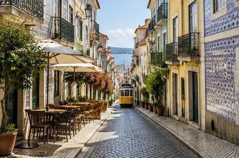 A tiled Lisbon street with outdoor cafes and a yellow tram