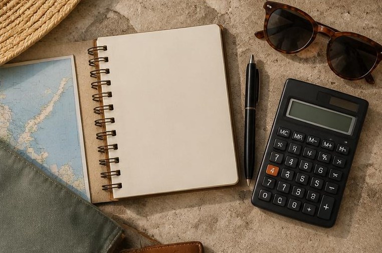 A notebook and calculator beside a map and sunglasses