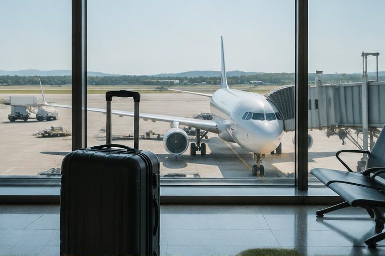 A carry-on suitcase at an airport window overlooking an airplane