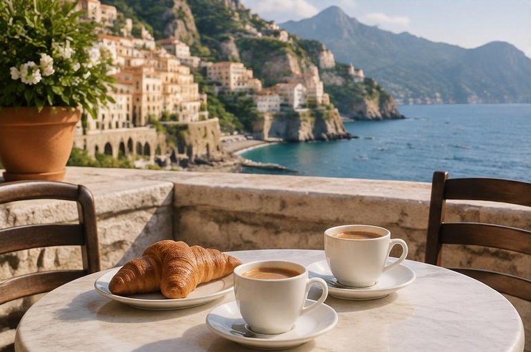Coffee and croissants overlooking a Mediterranean coastal village