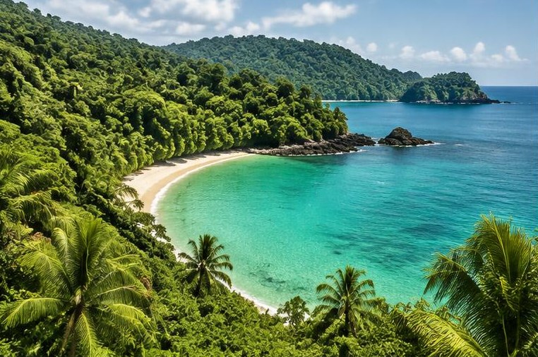 Rainforest hills meeting a quiet turquoise bay