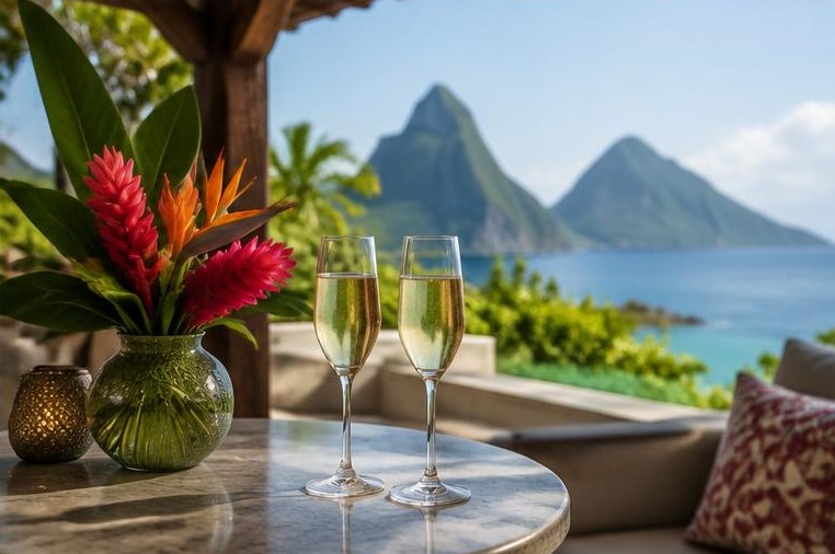 Two sparkling wine glasses and tropical flowers overlooking the sea