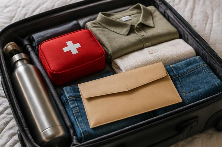 A compact first aid kit and travel documents packed in a suitcase