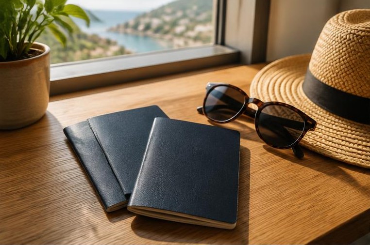 Two closed passports beside sunglasses and a straw hat