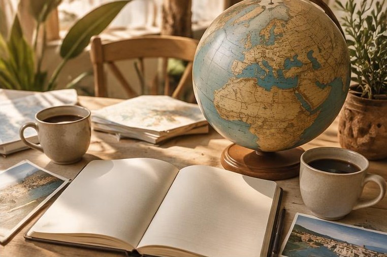 A globe, open notebook and two coffee cups on a sunlit planning table