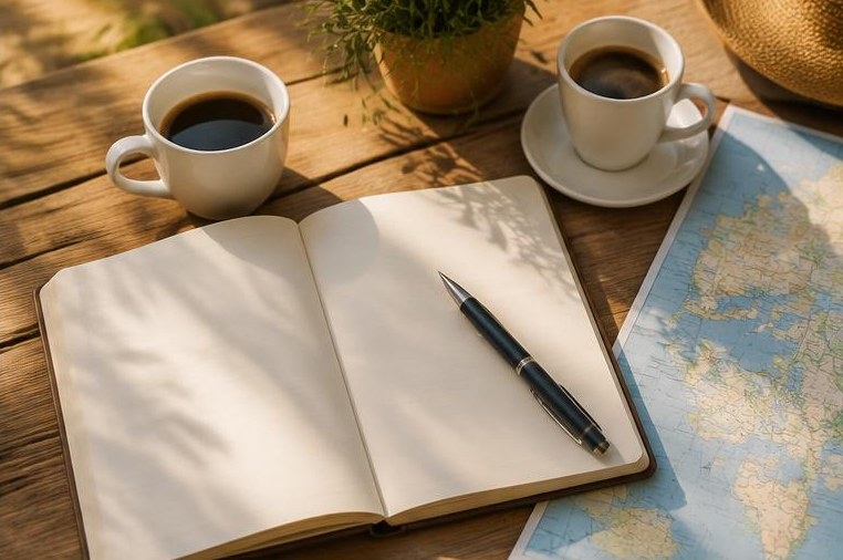 An open notebook, map and coffee cups ready for honeymoon planning