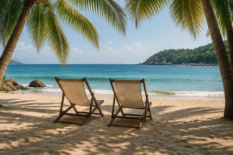 Two beach chairs in palm shade facing calm ocean water