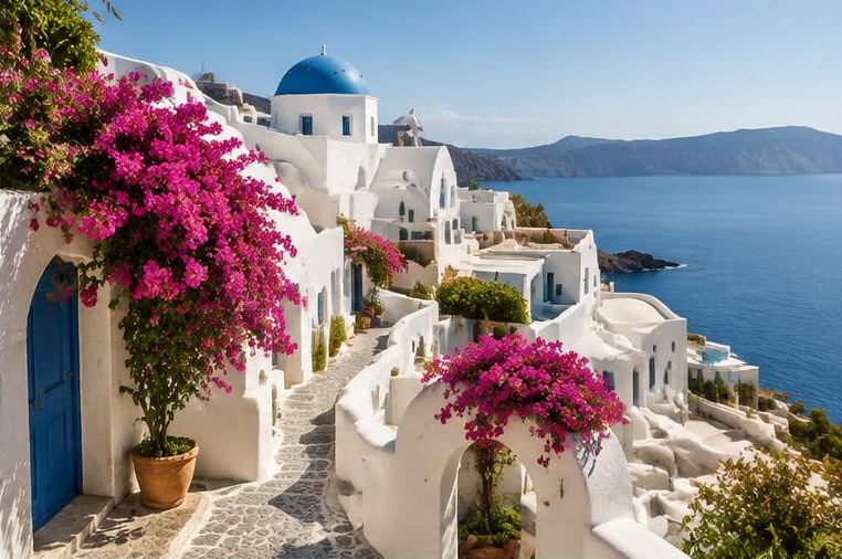 Whitewashed Greek island buildings and bougainvillea above the sea