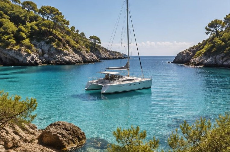 A catamaran anchored in a peaceful clear-water cove